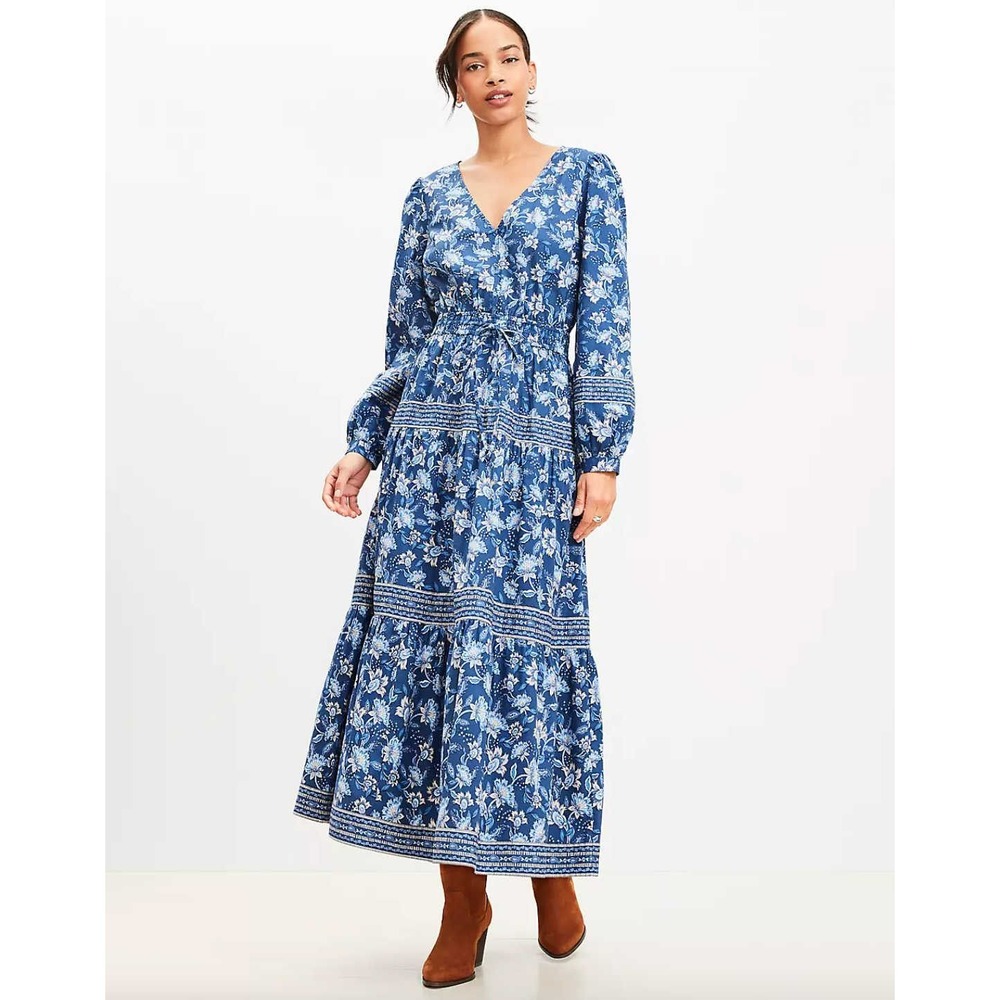 LOFT Tiered Midi Dress Womens L Blue Floral V-Neck Smocked Waist Cottage Prairie